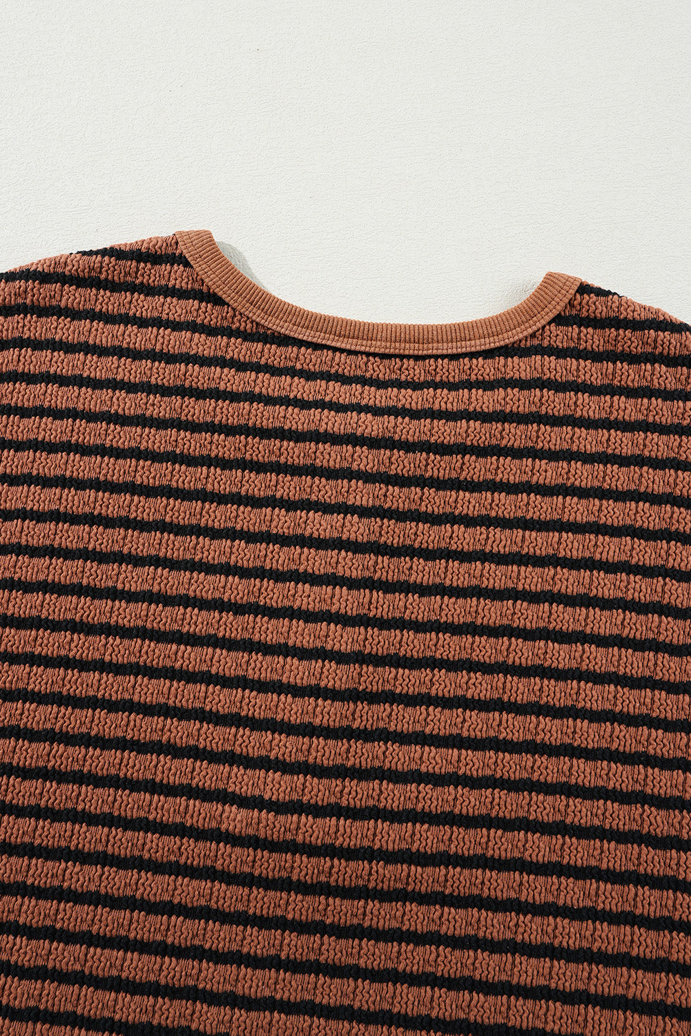 Brown Stripe Textured Frilly Trim Buttons Henley Long Sleeve Top Long Sleeve Tops JT's Designer Fashion