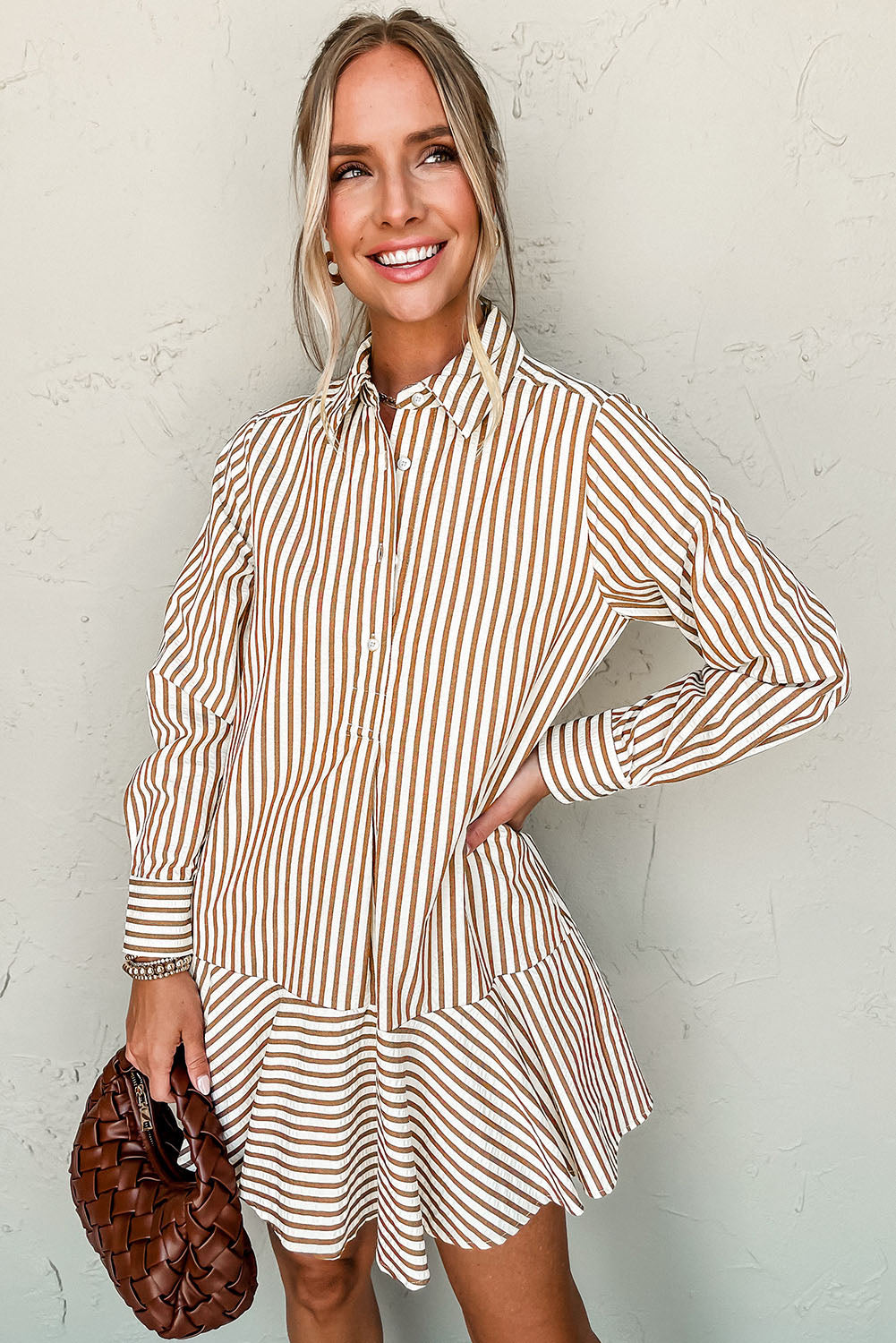 Brown Stripe Ruffled Hem Collared Long Sleeve Shirt Mini Dress Mini Dresses JT's Designer Fashion