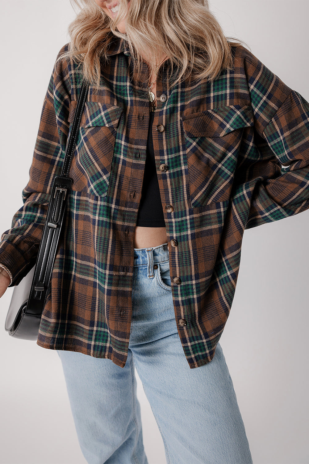 Brown Plaid Print Chest Pockets Buttoned Shirt Jacket Plaid Shackets JT's Designer Fashion