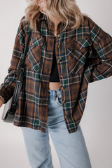 Brown Plaid Print Chest Pockets Buttoned Shirt Jacket Plaid Shackets JT's Designer Fashion