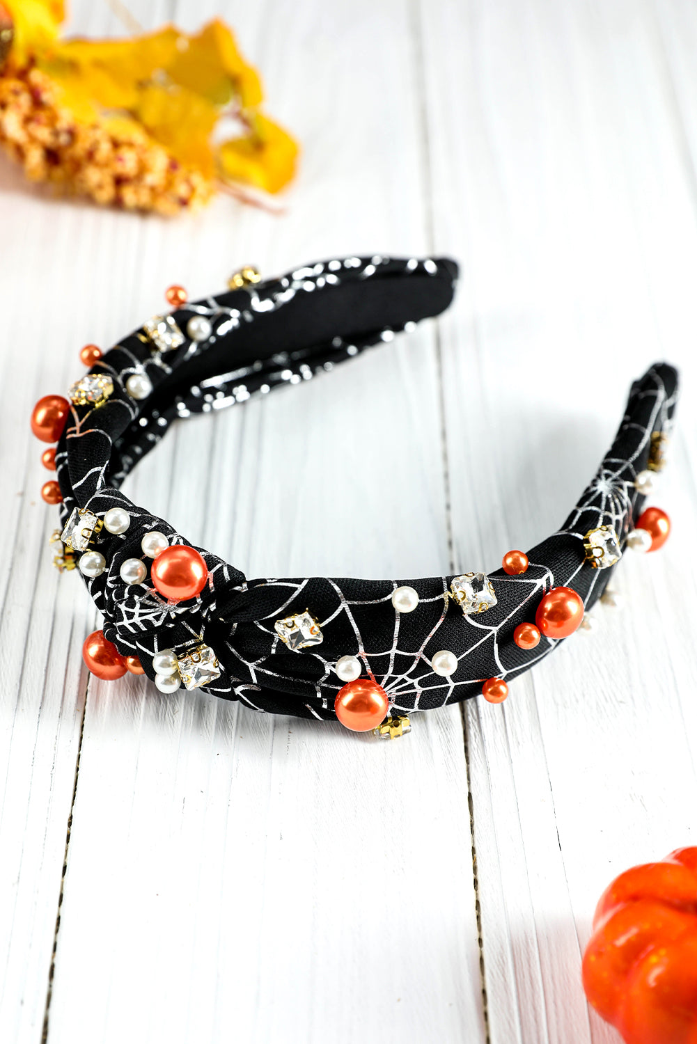 Black Pearled Rhinestone Knotted Spiderweb Halloween Headband Headwear JT's Designer Fashion