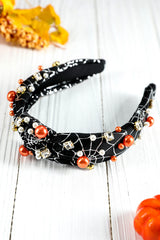 Black Pearled Rhinestone Knotted Spiderweb Halloween Headband Headwear JT's Designer Fashion