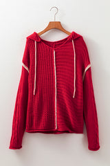Racing Red Color Contrast Trim Textured Knit Drawstring Hooded Sweater Sweaters JT's Designer Fashion