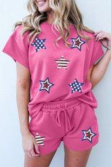 Strawberry Pink Solid Color Textured Sequined American Star Patched Short 2pcs Outfit Graphic Sets JT's Designer Fashion