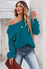 Blue Hollow-out Puffy Sleeve Knit Sweater Sweaters JT's Designer Fashion