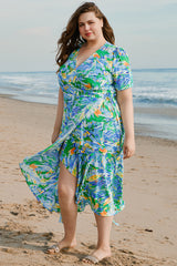 Green Leaves Print Short Sleeve Surplice Neck Ruffled Trim Plus Size Maxi Dress Plus Size Maxi Dresses JT's Designer Fashion