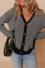White Stripe Buttoned Front V Neck Herringbone Cardigan Cardigans JT's Designer Fashion