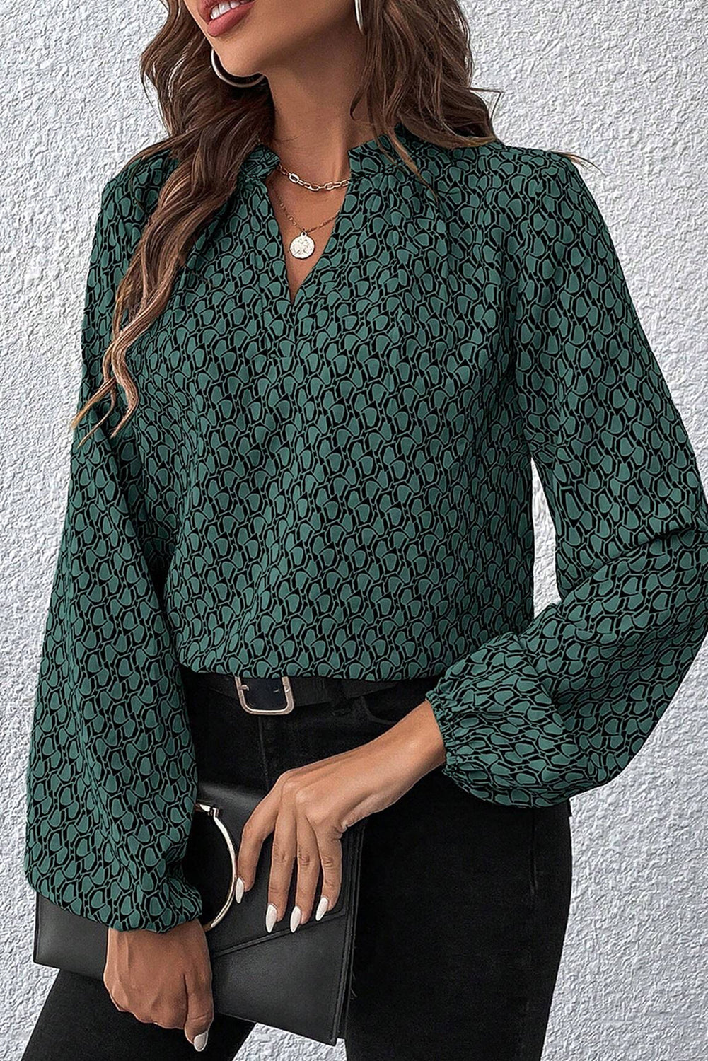 Green Geometric Print Notched Neck Puff Sleeve Blouse Blouses & Shirts JT's Designer Fashion