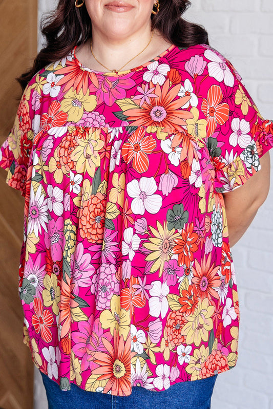 Rose Plus Size Floral Print Ruffle Short Sleeve Blouse Rose 100%Polyester Plus Size Blouses & Shirts JT's Designer Fashion
