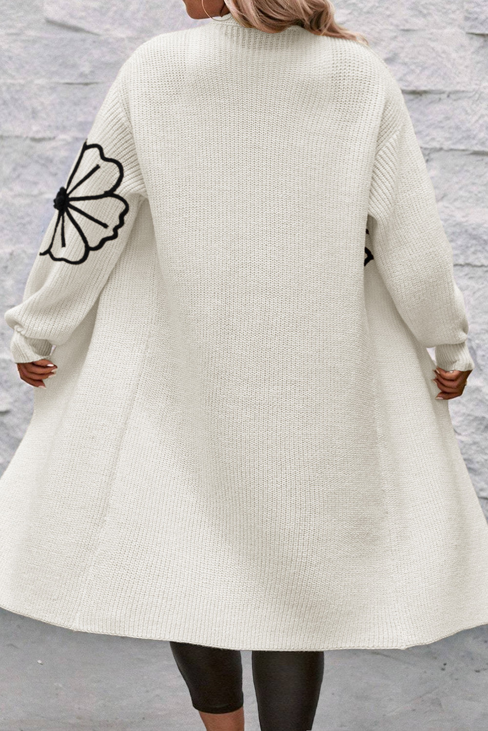 Beige Flower Embroidered Drop Shoulder Open Front Duster Cardigan Cardigans JT's Designer Fashion