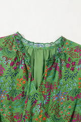 Green Floral Tie Split Neck Frilly Ruffle Trim Tiered Short Dress Floral Dresses JT's Designer Fashion