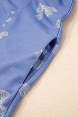 Sky Blue Bow Knot Print Crewneck Ruffled Sleeve Shift Mini Dress Dresses JT's Designer Fashion