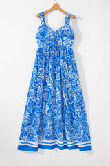 Blue Paisley V Neck Crisscross Backless Long Dress Maxi Dresses JT's Designer Fashion
