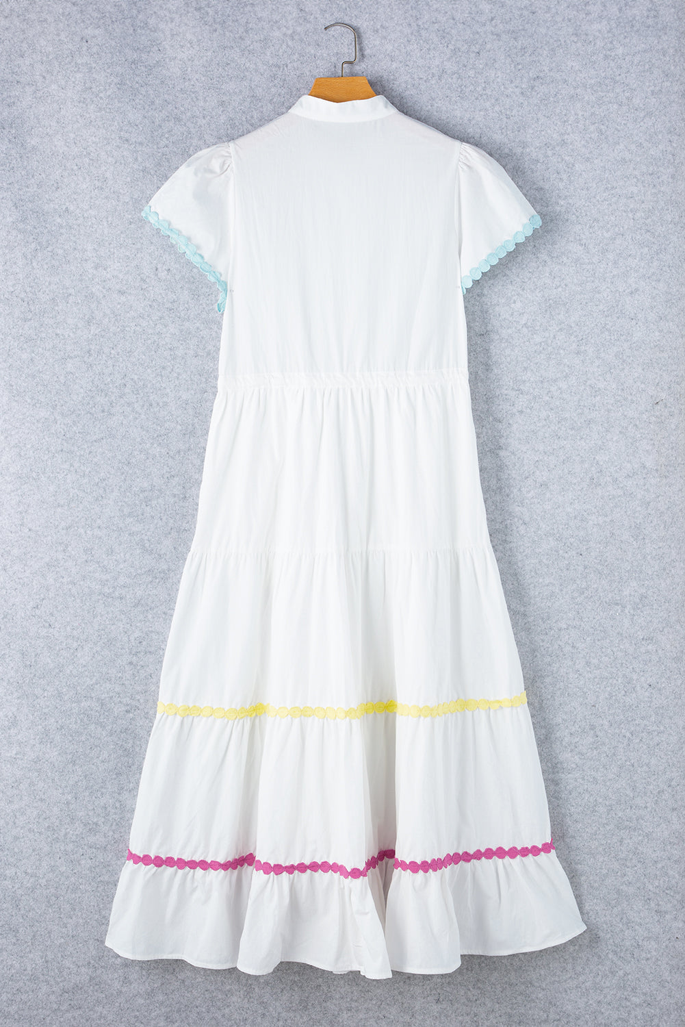 White Colorblock Rickrack Trim Short Sleeve Drawstring Waist Long Dress Maxi Dresses JT's Designer Fashion
