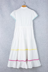 White Colorblock Rickrack Trim Short Sleeve Drawstring Waist Long Dress Maxi Dresses JT's Designer Fashion