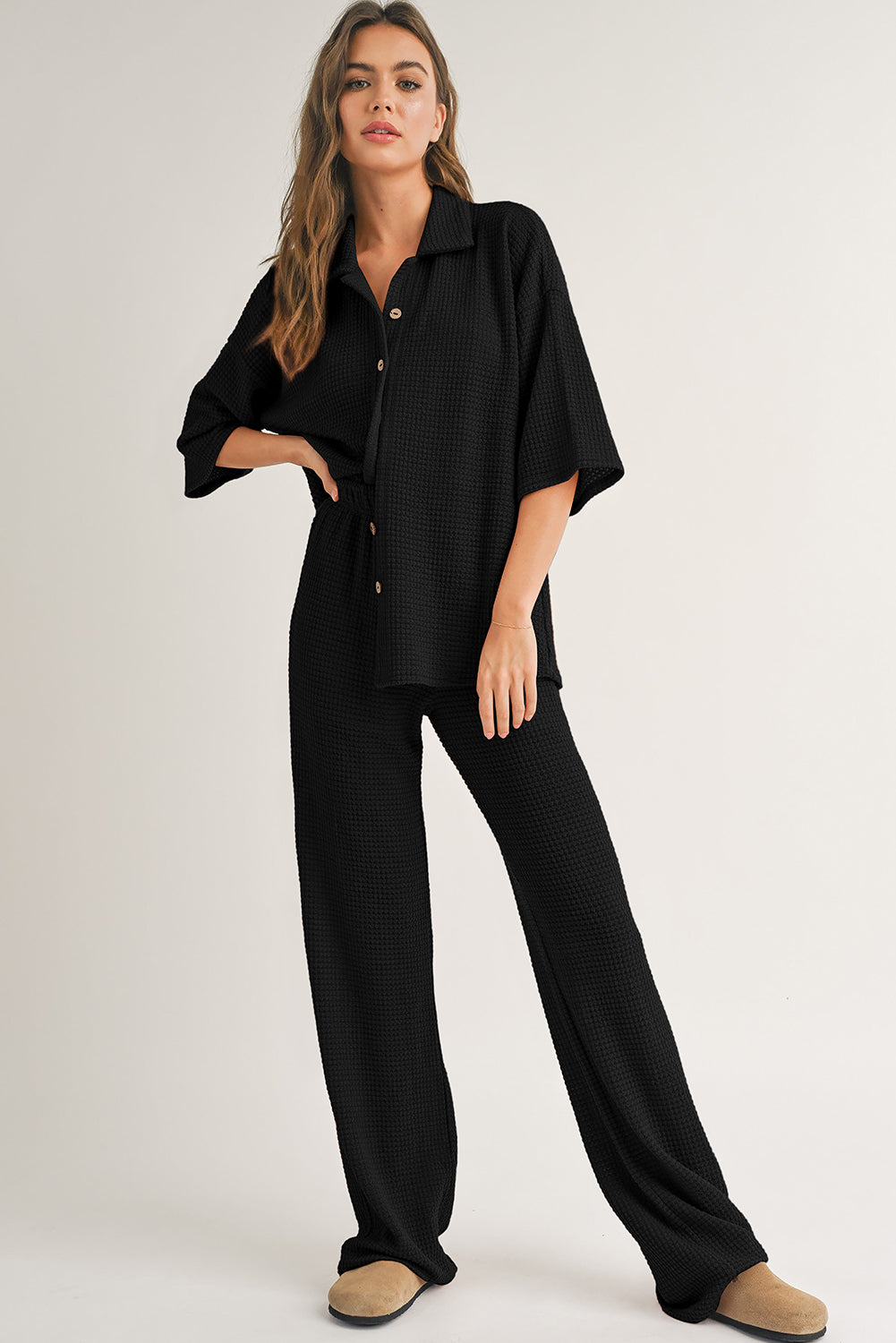 Black Solid Color Textured Buttoned Shirt and Casual Pants Set Pant Sets JT's Designer Fashion
