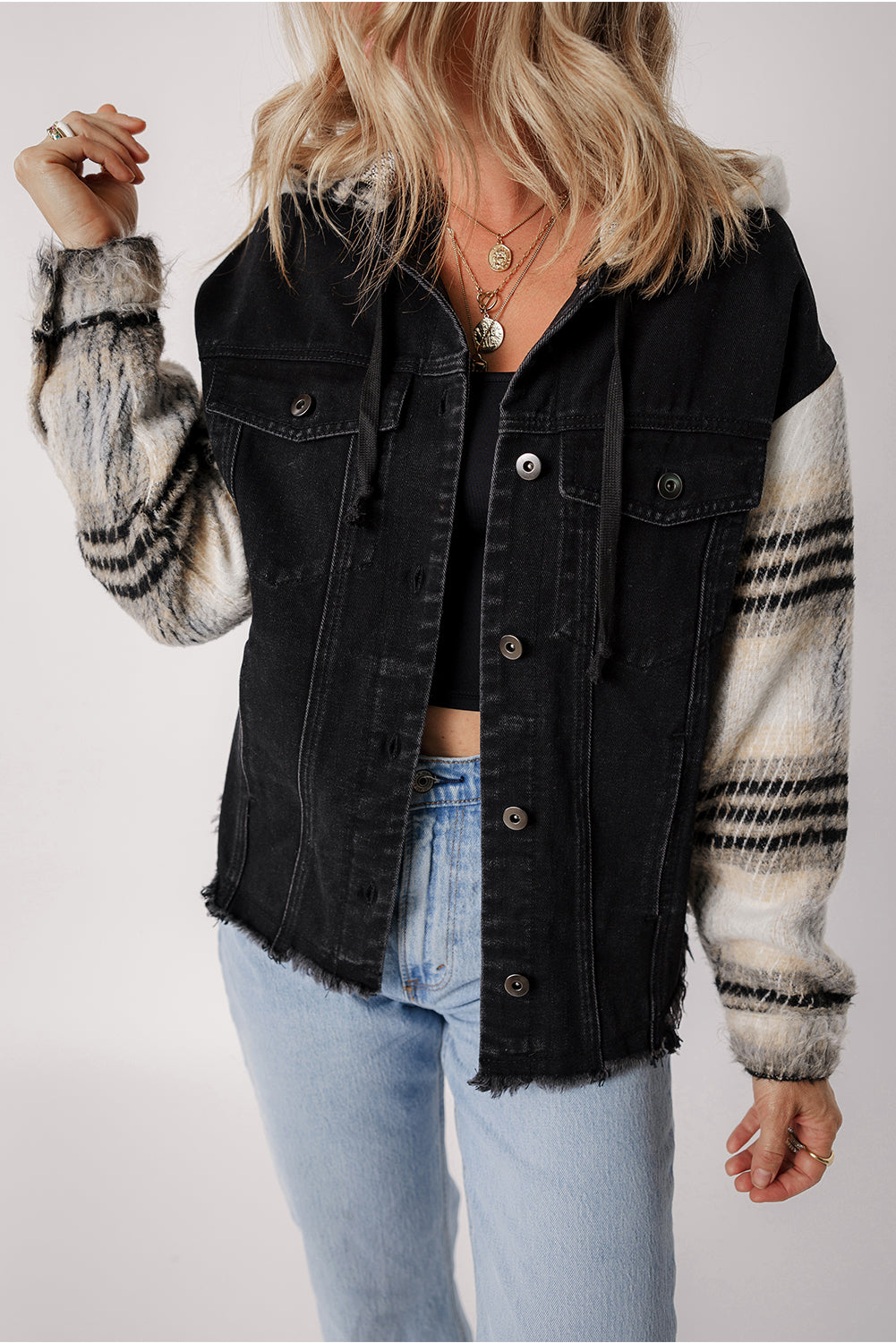 Black Plaid Sleeve Frayed Hem Hooded Denim Jacket Black 70%Cotton+30%polyester Denim Jackets JT's Designer Fashion