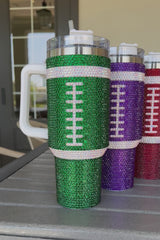 Dark Green Rhinestone Rugby Football Handle Vacuum Cup 40oz Tumblers JT's Designer Fashion