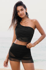 Black Pleated Mesh One Shoulder Bikini Top and Skirts Set Black 82%Polyamide+18%Elastane Bikinis JT's Designer Fashion