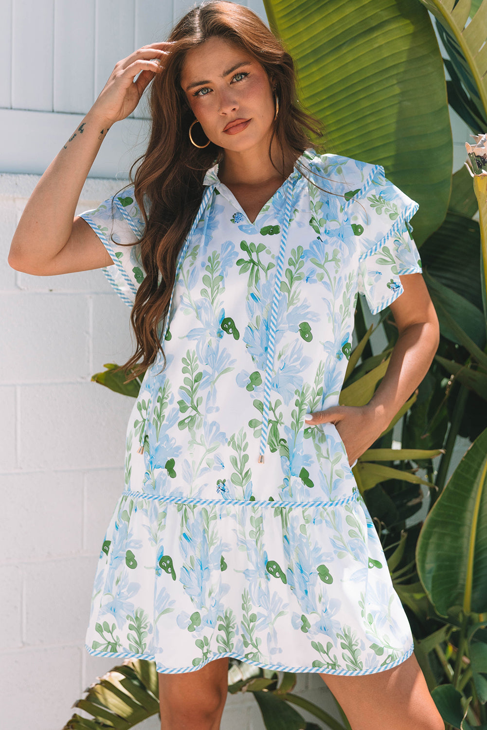 Sky Blue Floral Contrast Edge Layered Short Sleeve Mini Dress Sky Blue 100%Polyester Floral Dresses JT's Designer Fashion