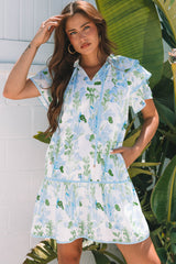 Sky Blue Floral Contrast Edge Layered Short Sleeve Mini Dress Sky Blue 100%Polyester Floral Dresses JT's Designer Fashion