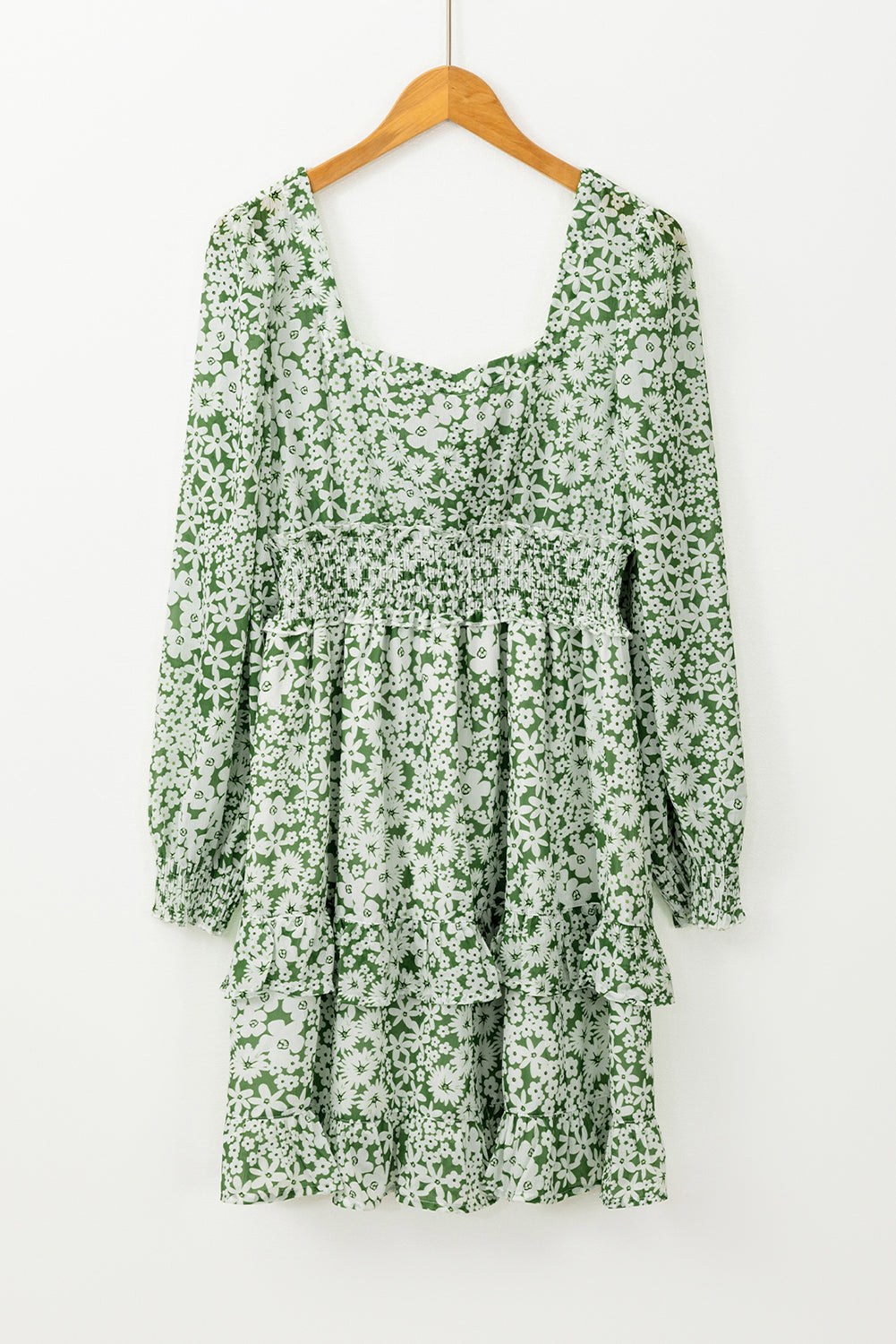 Green Floral Print Square Neck Shirred Waist Tiered Ruffled Mini Dress Floral Dresses JT's Designer Fashion