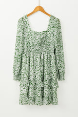 Green Floral Print Square Neck Shirred Waist Tiered Ruffled Mini Dress Floral Dresses JT's Designer Fashion