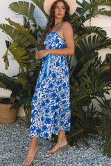 Blue Floral Printed Spaghetti Strap Maxi Dress with Waist Tie Floral Dresses JT's Designer Fashion