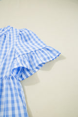Sky Blue Gingham Short Sleeve Button Tie Split Neck Loose Mini Dress Mini Dresses JT's Designer Fashion