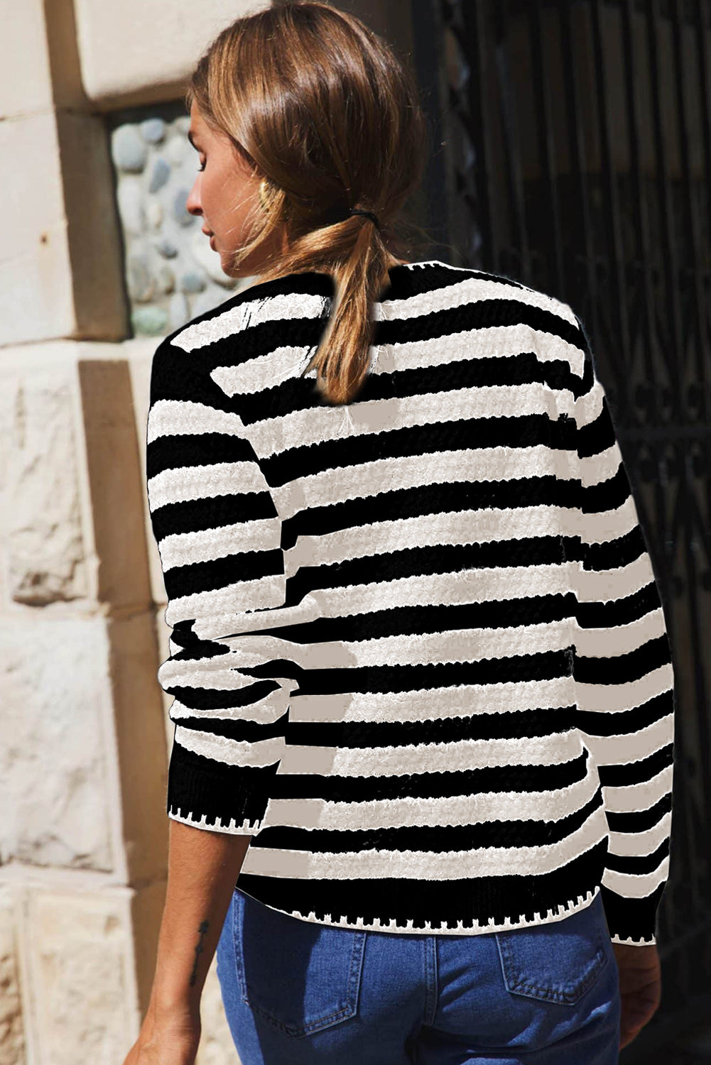 White Stripe Chic Golden Button Cardigan Sweater Cardigans JT's Designer Fashion