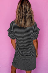 Black Stripe Ruffled Short Sleeve Crew Neck T Shirt Shift Mini Dress T Shirt Dresses JT's Designer Fashion
