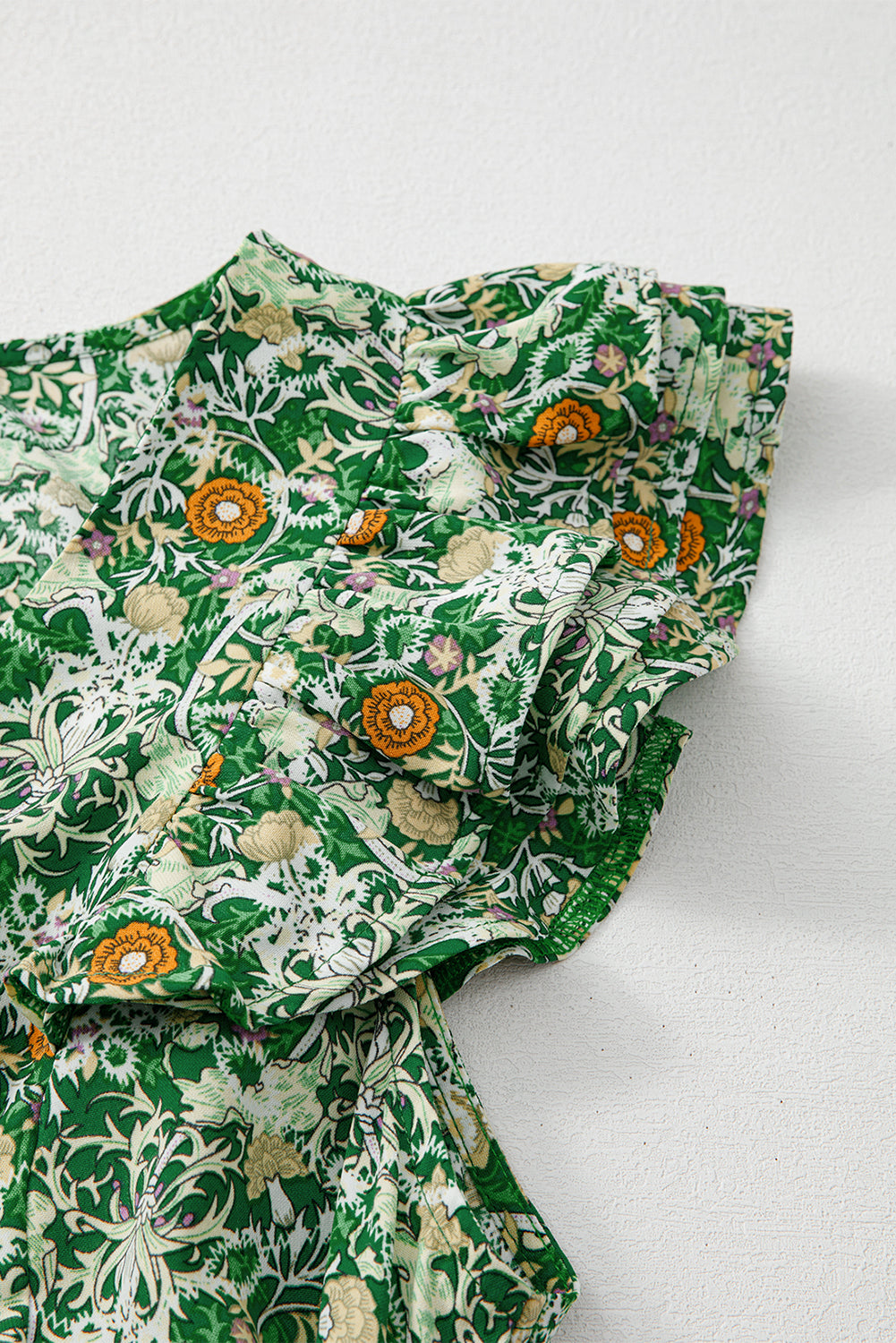 Green Flower Print Flutter Sleeve V Neck Sashed Ruffled Mini Dress Floral Dresses JT's Designer Fashion