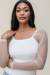 White Swiss Dot Mesh Long Sleeve Square Neck Slim Top Long Sleeve Tops JT's Designer Fashion