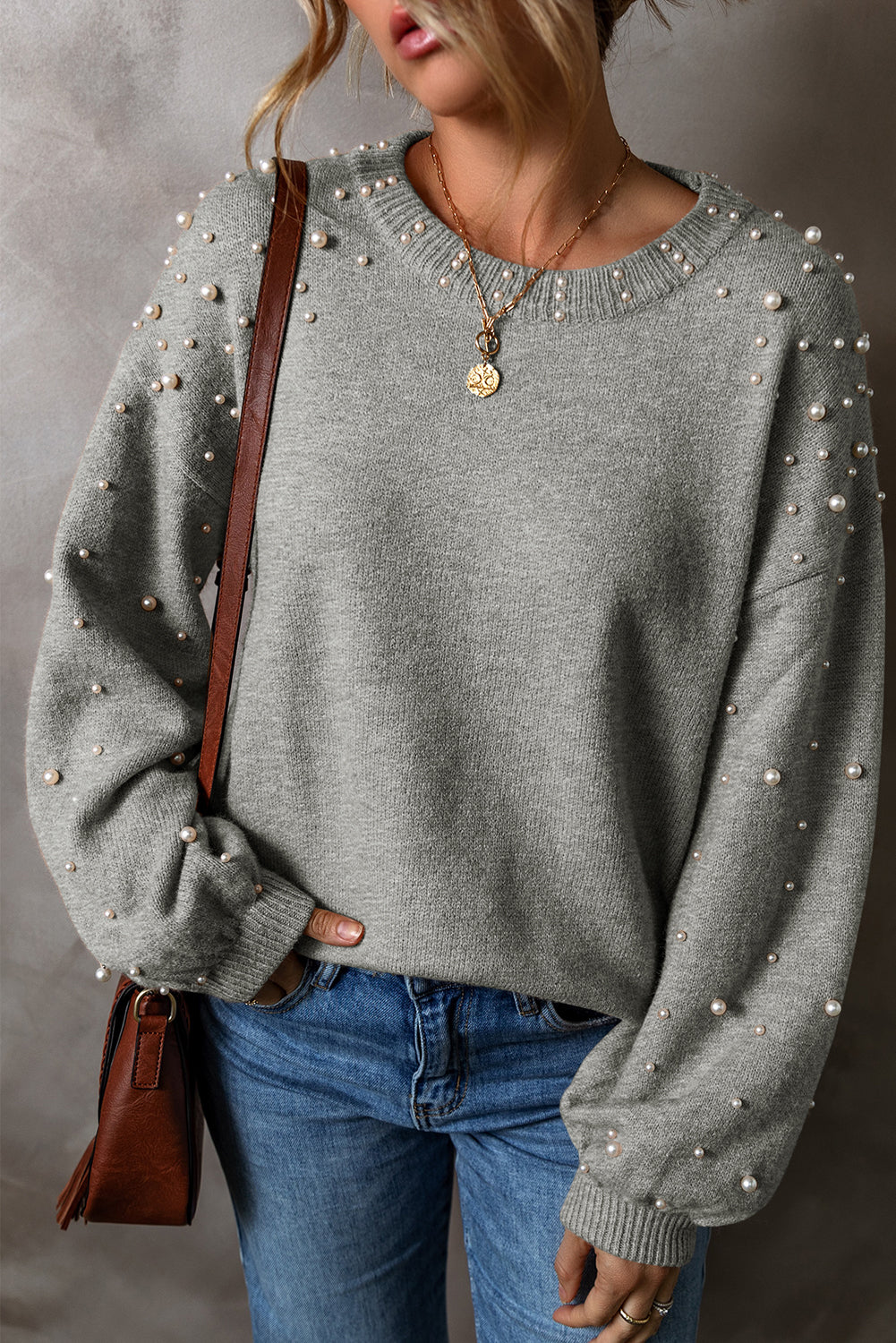 Light Grey Pearled Drop Shoulder Round Neck Sweater Light Grey 50%Viscose+28%Polyester+22%Polyamide Sweaters JT's Designer Fashion