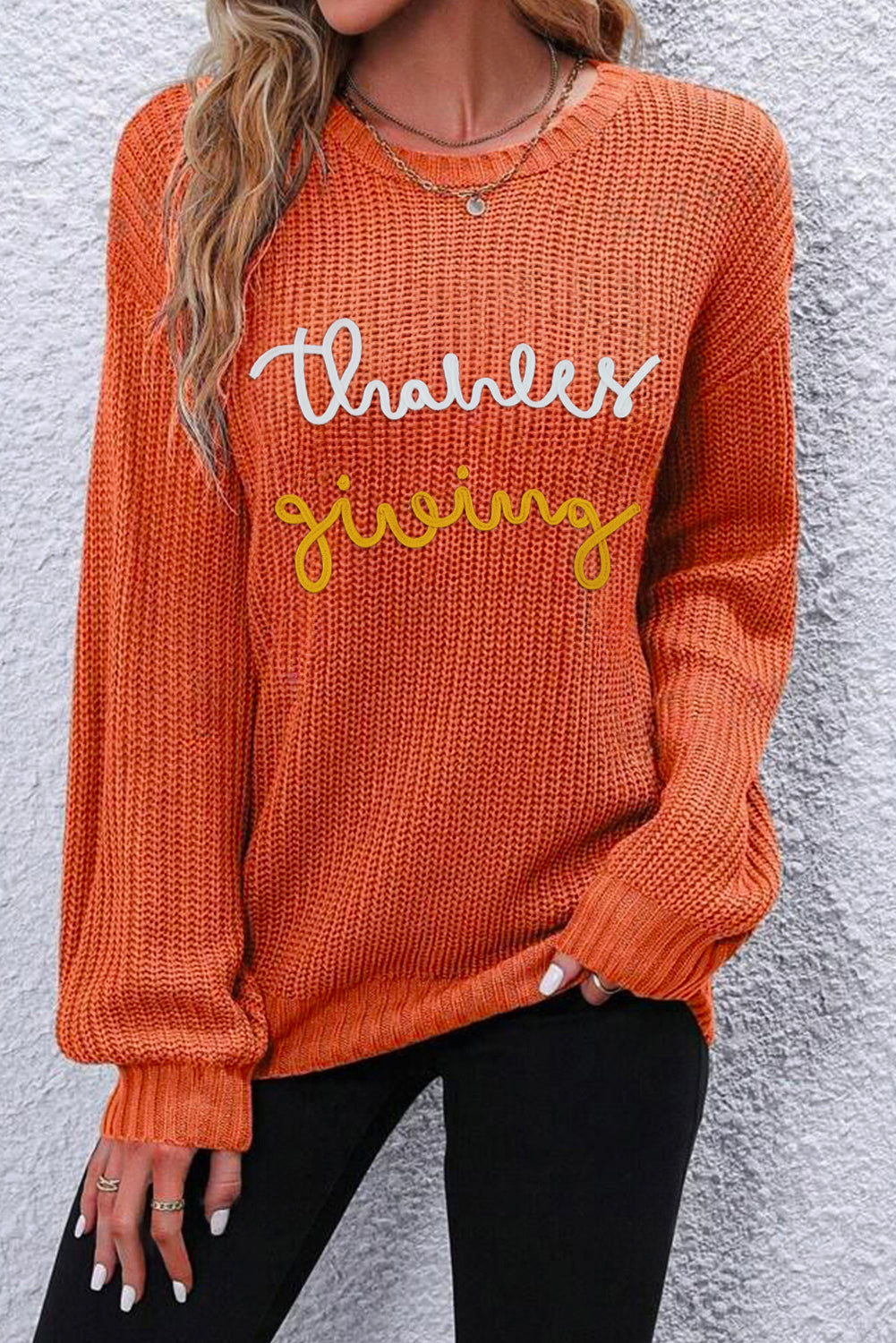 Gold Flame Thanks Giving Letter Graphic Crew Neck Sweater Sweaters JT's Designer Fashion