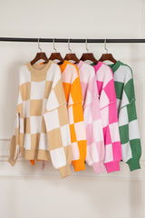 Pink Checkered Bishop Sleeve Sweater Sweaters JT's Designer Fashion