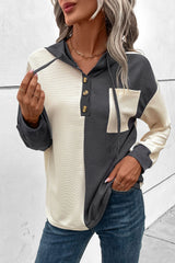 Dark Grey Waffle Colorblock Buttons Placket Drop Shoulder Drawstring Hoodie Sweatshirts & Hoodies JT's Designer Fashion