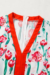 Pink Floral Print Contrast Trim V Neck Bubble Short Sleeve Babydoll Dress Floral Dresses JT's Designer Fashion