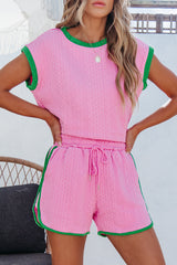 Pink Contrast Trim Cable Textured Shorts Set Short Sets JT's Designer Fashion