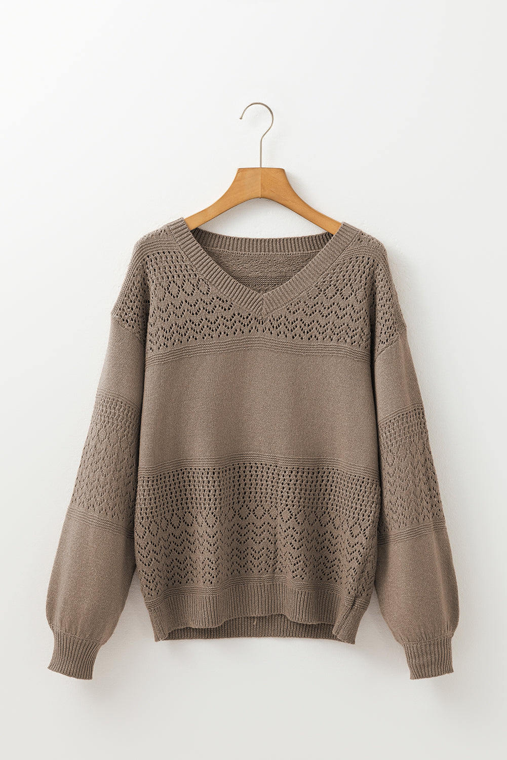 Camel Eyelet Pattern Detail V Neck Drop Shoulder Sweater Sweaters JT's Designer Fashion