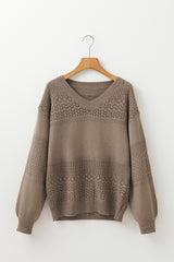Camel Eyelet Pattern Detail V Neck Drop Shoulder Sweater Sweaters JT's Designer Fashion