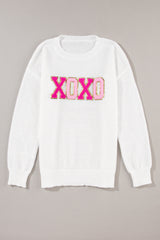 White XOXO Glitter Print Round Neck Casual Sweater Sweaters JT's Designer Fashion