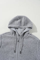 Medium Grey Fleece Zip Up Drawstring Hooded Pocketed Jacket Jackets JT's Designer Fashion