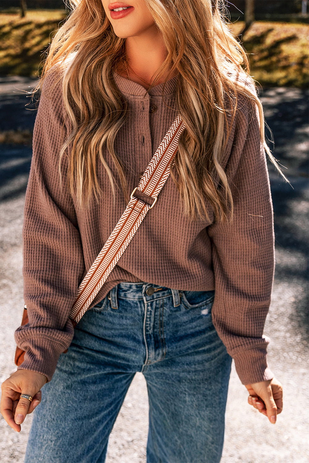 Chestnut Textured Knit Henley Long Sleeve Top Long Sleeve Tops JT's Designer Fashion