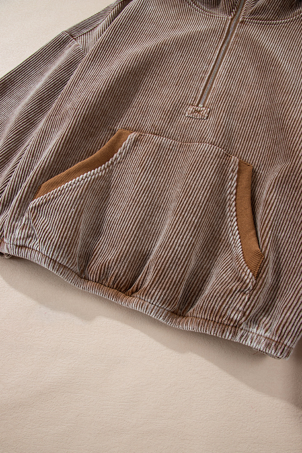 Chestnut Half Zipper Kangaroo Pocket Drawstring Corduroy Hoodie Sweatshirts & Hoodies JT's Designer Fashion