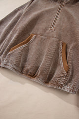 Chestnut Half Zipper Kangaroo Pocket Drawstring Corduroy Hoodie Sweatshirts & Hoodies JT's Designer Fashion