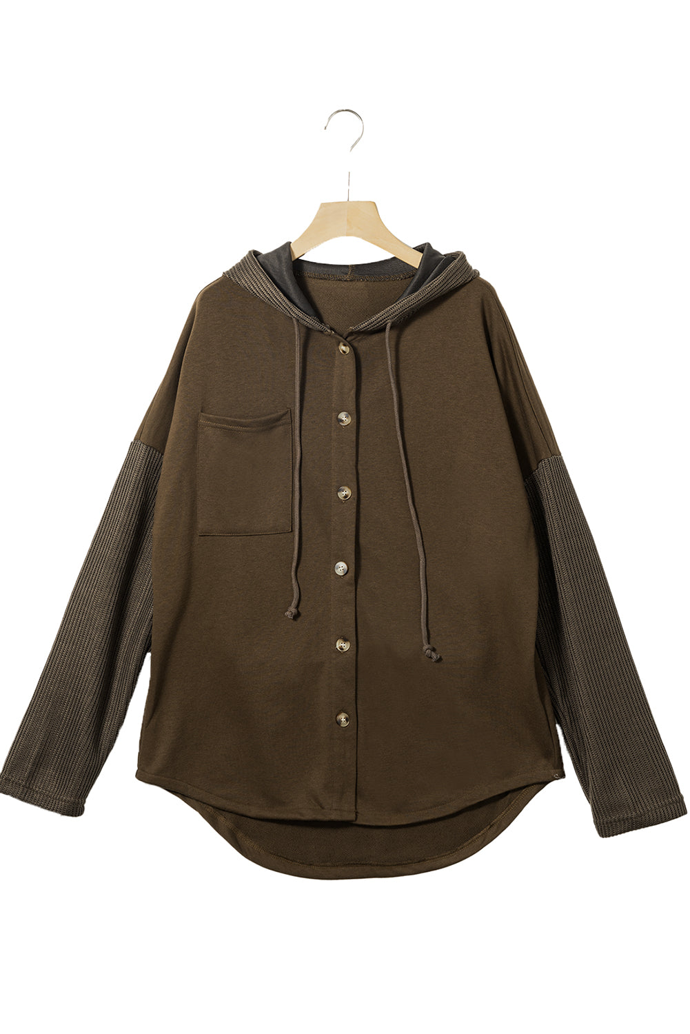 Dark Brown Button Up Contrast Knitted Sleeves Hooded Jacket Jackets JT's Designer Fashion