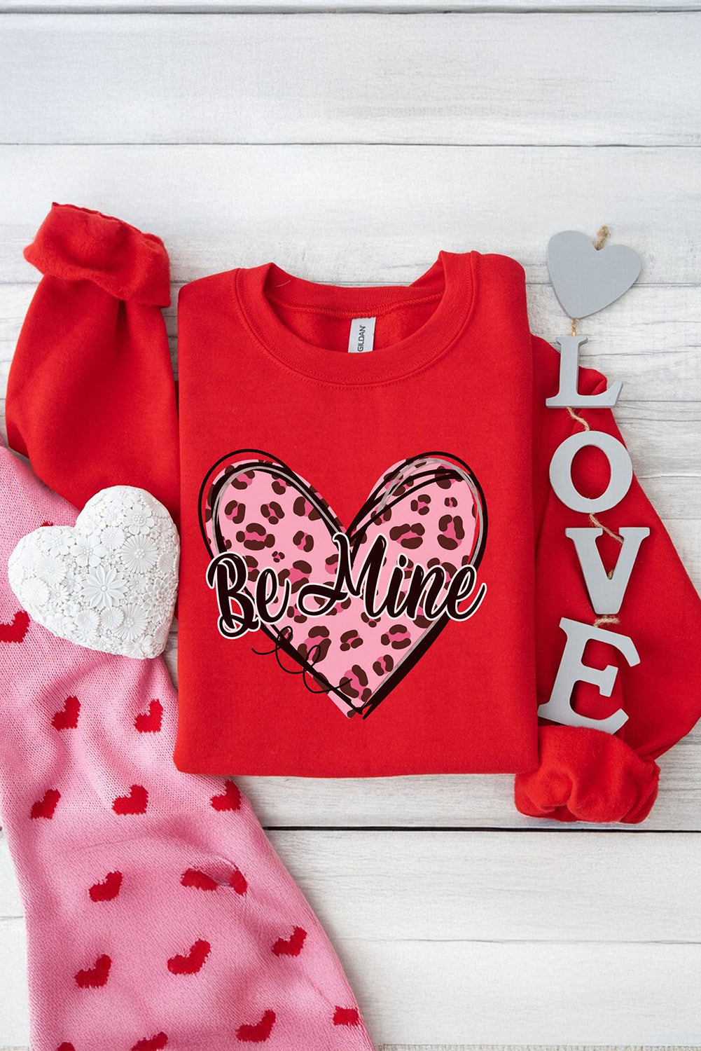 Red Be mine Leopard Heart Printed Valentines Sweatshirt Graphic Sweatshirts JT's Designer Fashion