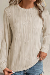 Apricot Textured Wavy Round Neck Long Sleeve Top Long Sleeve Tops JT's Designer Fashion