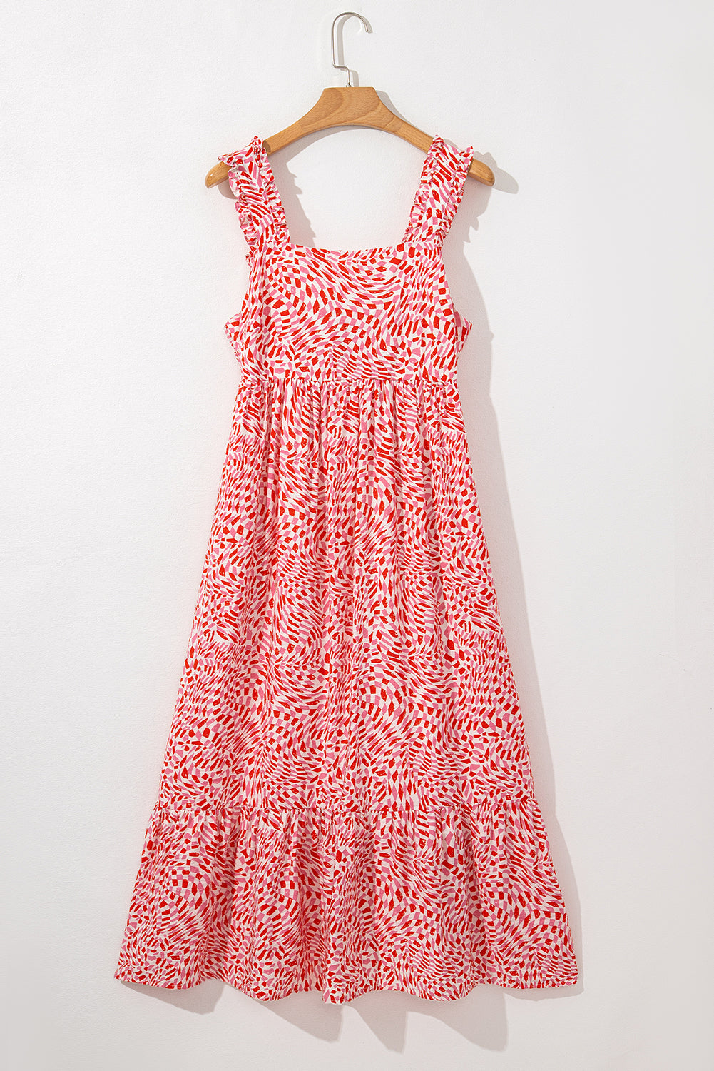 Pink Geometric Print Knot Back Sleeveless Ruffle Hem Dress Midi Dresses JT's Designer Fashion